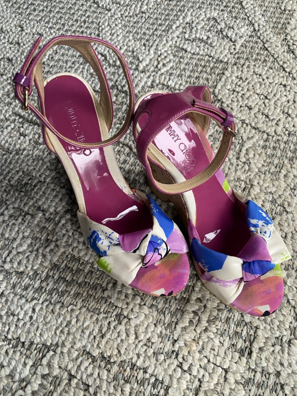 Jimmy Choo Fuchsia Patent Ankle-Strap Floral Print Wedges